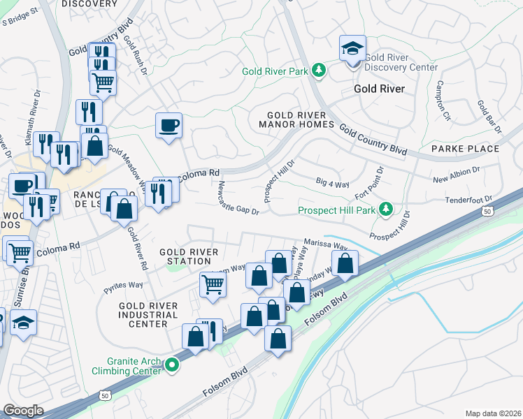 map of restaurants, bars, coffee shops, grocery stores, and more near 2269 Newcastle Gap Drive in Gold River