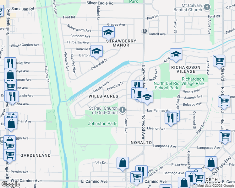 map of restaurants, bars, coffee shops, grocery stores, and more near 260 Redondo Avenue in Sacramento