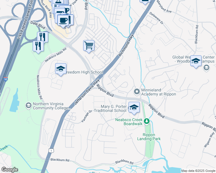 map of restaurants, bars, coffee shops, grocery stores, and more near 15259 Coachman Terrace in Woodbridge