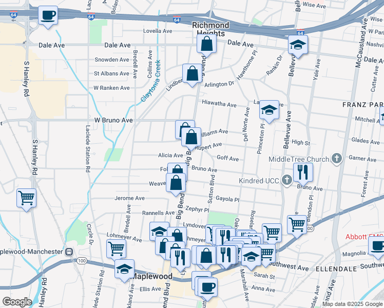 map of restaurants, bars, coffee shops, grocery stores, and more near 2214 South Big Bend Boulevard in Richmond Heights