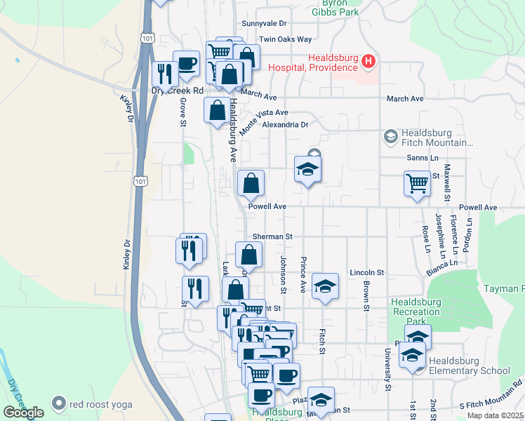 map of restaurants, bars, coffee shops, grocery stores, and more near 120 Powell Avenue in Healdsburg