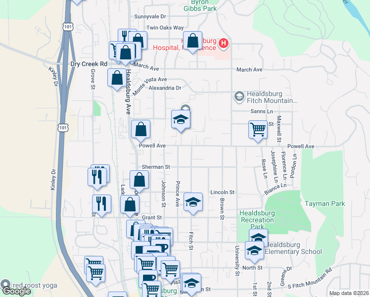 map of restaurants, bars, coffee shops, grocery stores, and more near 232 Powell Avenue in Healdsburg