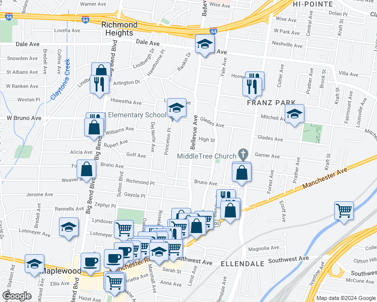 map of restaurants, bars, coffee shops, grocery stores, and more near 2035 Bellevue Avenue in Maplewood