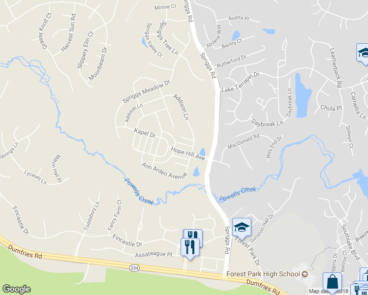 map of restaurants, bars, coffee shops, grocery stores, and more near 5516 Hope Hill Avenue in Woodbridge