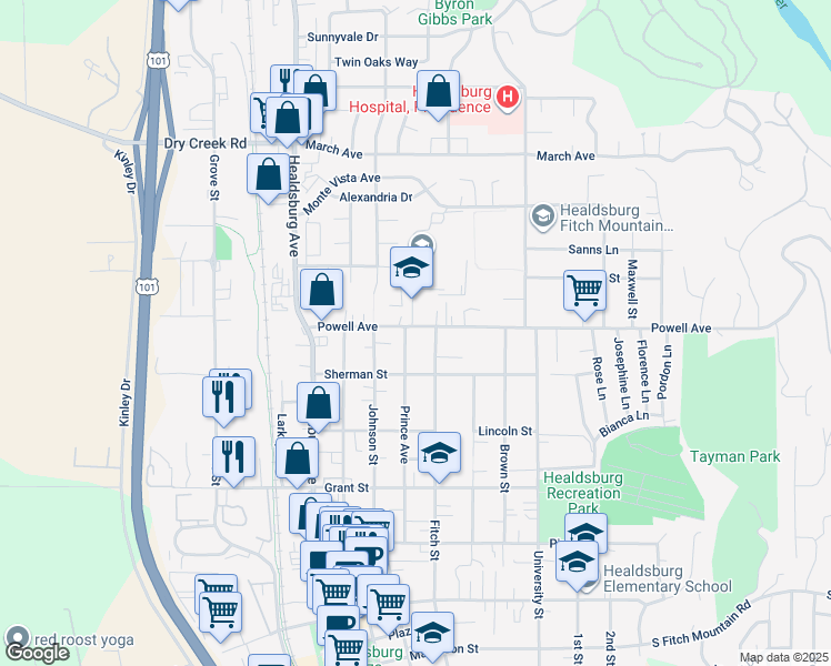 map of restaurants, bars, coffee shops, grocery stores, and more near 232 Powell Avenue in Healdsburg