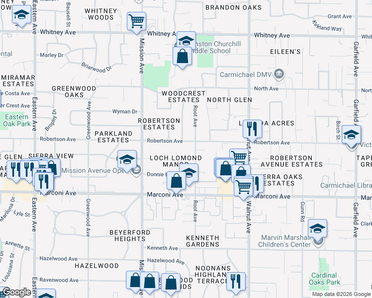 map of restaurants, bars, coffee shops, grocery stores, and more near 4838 Robertson Avenue in Carmichael