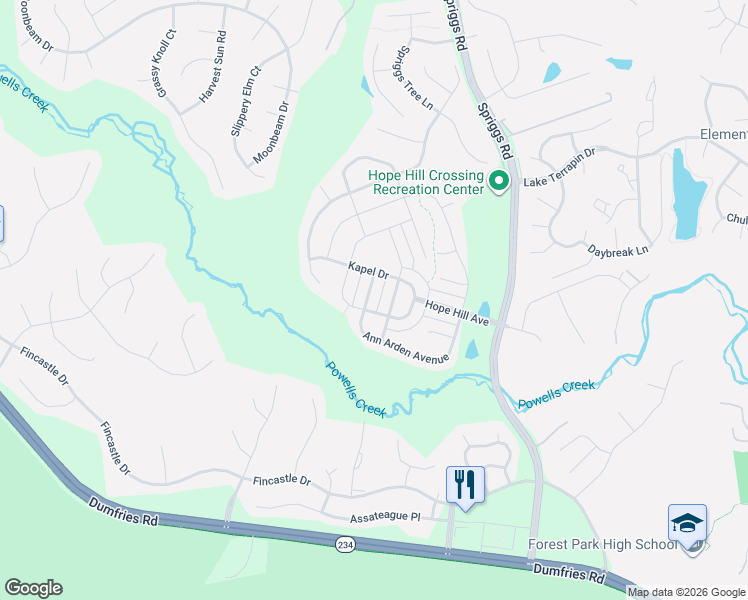 map of restaurants, bars, coffee shops, grocery stores, and more near 15508 Ann Arden Avenue in Woodbridge