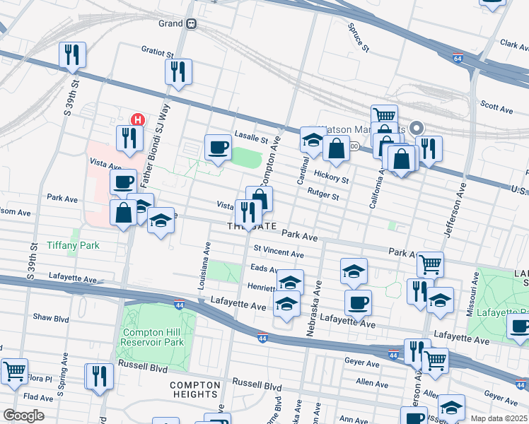 map of restaurants, bars, coffee shops, grocery stores, and more near 1400 South Compton Avenue in St. Louis