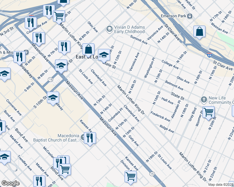 map of restaurants, bars, coffee shops, grocery stores, and more near 1319 Cleveland Avenue in East St. Louis