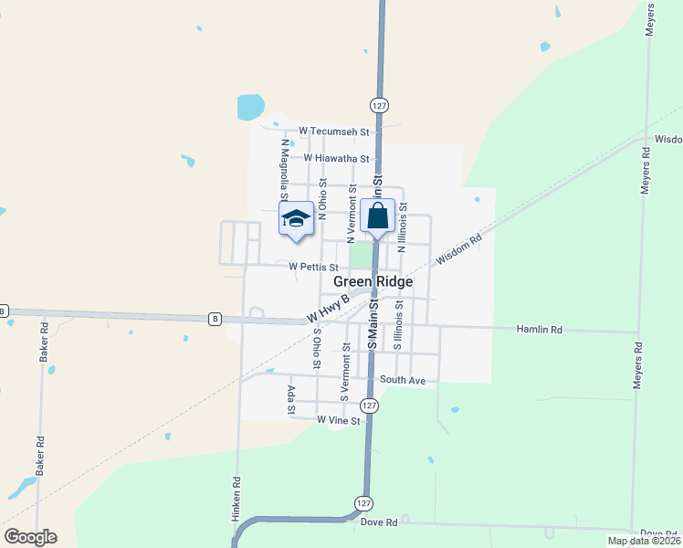 map of restaurants, bars, coffee shops, grocery stores, and more near 101 South Vermont Street in Green Ridge