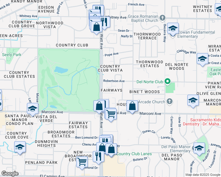 map of restaurants, bars, coffee shops, grocery stores, and more near 3012 Fairways Court in Sacramento