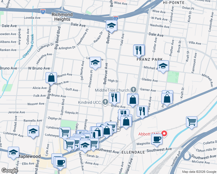 map of restaurants, bars, coffee shops, grocery stores, and more near 7227 Stanley Avenue in Maplewood