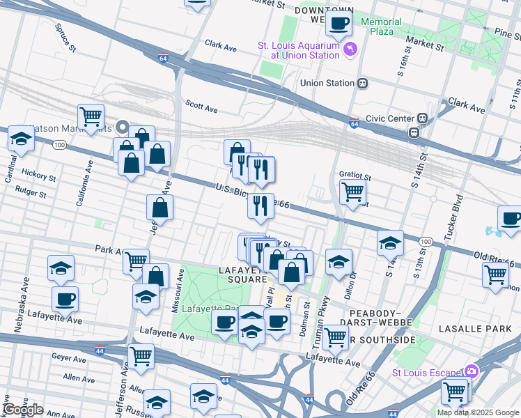 map of restaurants, bars, coffee shops, grocery stores, and more near 1005 Mississippi Avenue in St. Louis