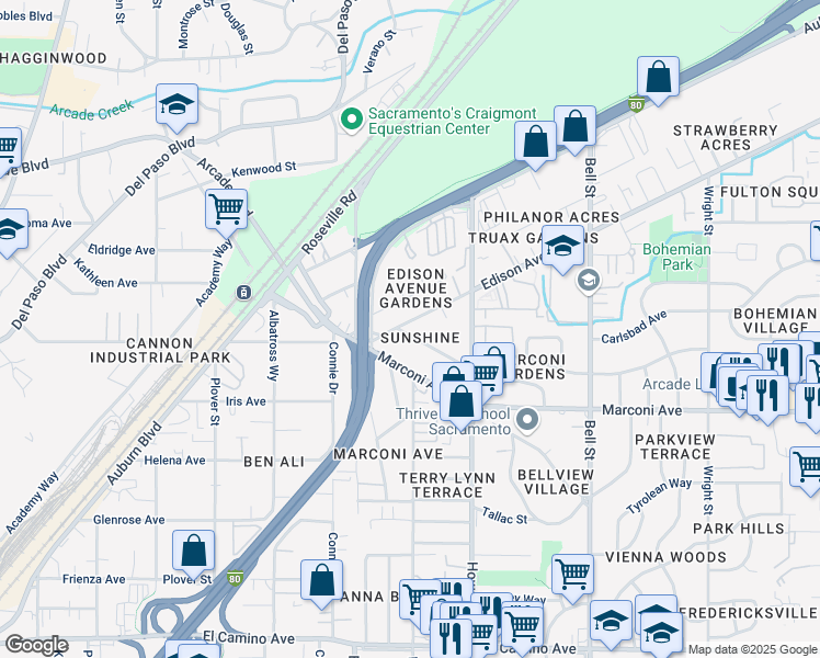 map of restaurants, bars, coffee shops, grocery stores, and more near 2013 Juliesse Avenue in Sacramento