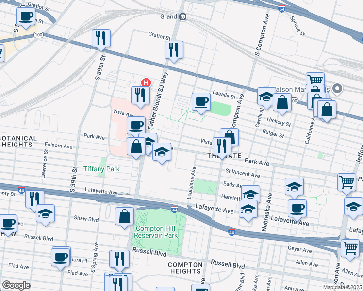 map of restaurants, bars, coffee shops, grocery stores, and more near 3439 Park Avenue in Saint Louis