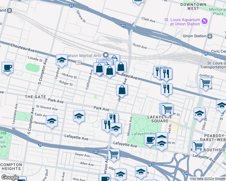 map of restaurants, bars, coffee shops, grocery stores, and more near 2634 Hickory Street in St. Louis