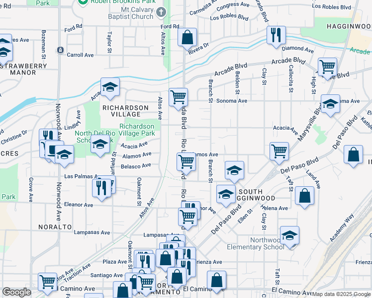 map of restaurants, bars, coffee shops, grocery stores, and more near 2906 Rio Linda Boulevard in Sacramento