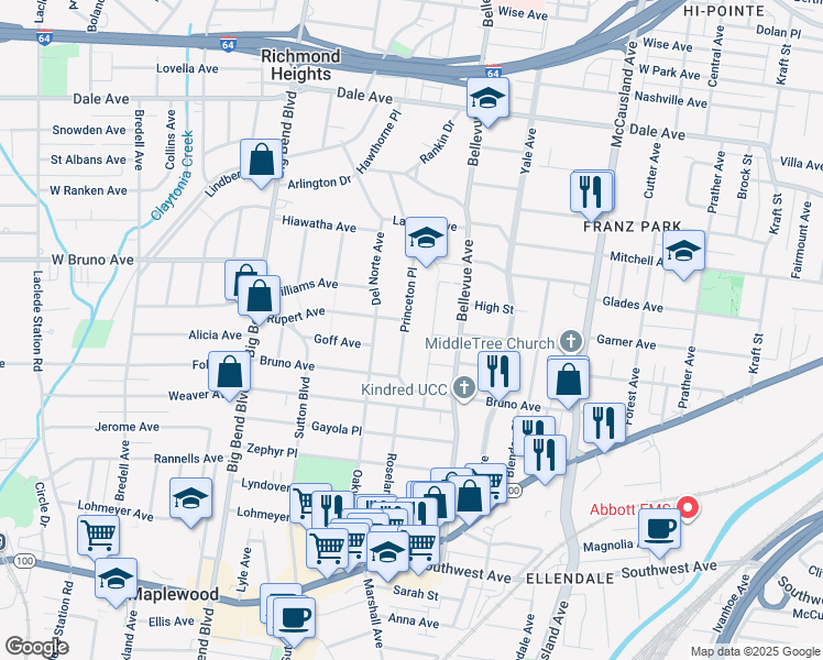 map of restaurants, bars, coffee shops, grocery stores, and more near 2108 Princeton Place in Richmond Heights