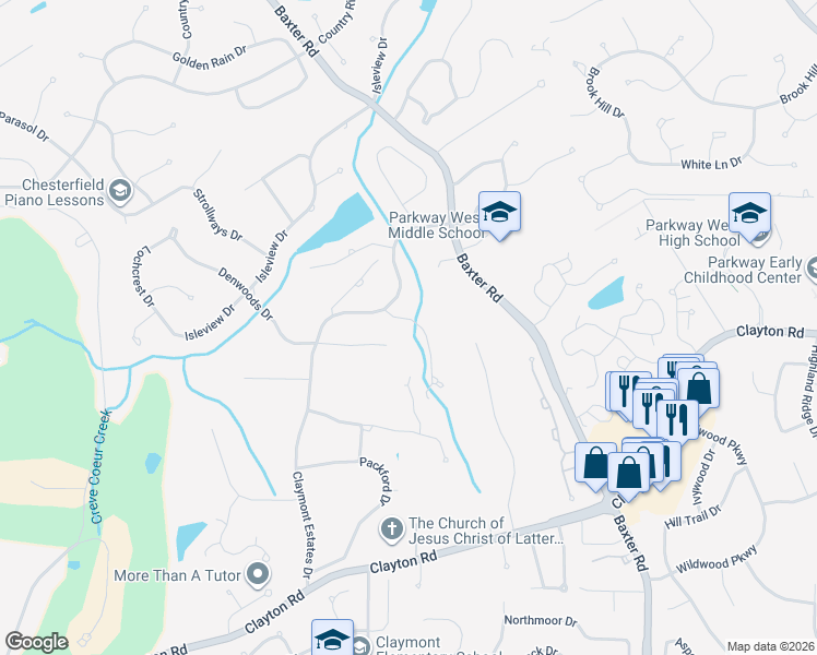 map of restaurants, bars, coffee shops, grocery stores, and more near 1740 Millstream Drive in Chesterfield