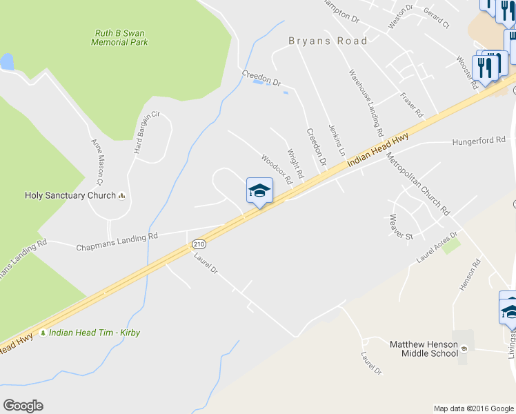 map of restaurants, bars, coffee shops, grocery stores, and more near 3285 Green Meadows Drive in Indian Head