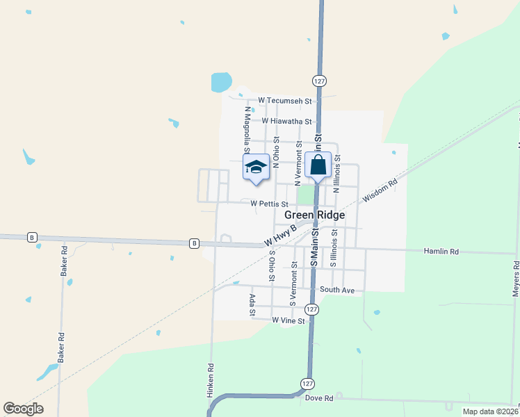 map of restaurants, bars, coffee shops, grocery stores, and more near 406 West Pettis Street in Green Ridge