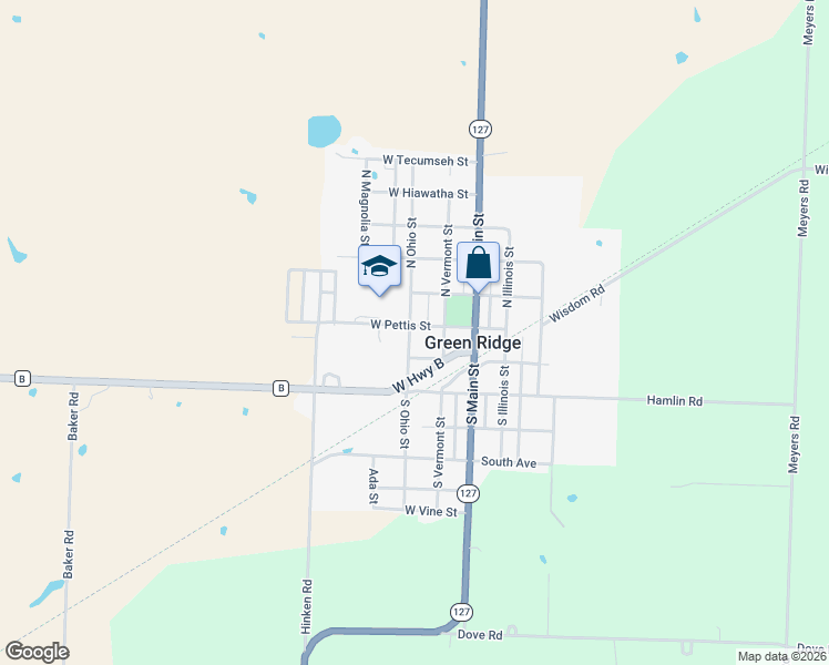 map of restaurants, bars, coffee shops, grocery stores, and more near 101 South Vermont Street in Green Ridge