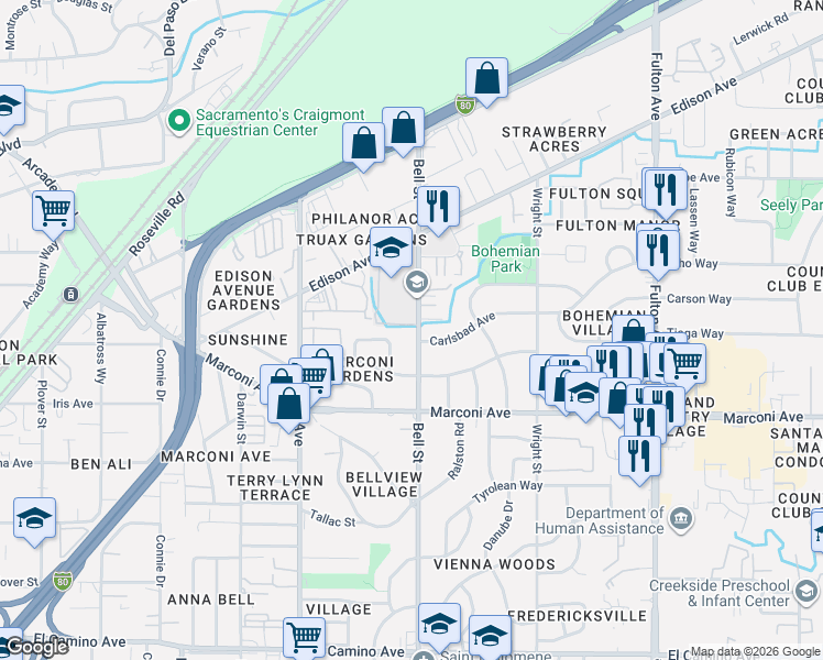 map of restaurants, bars, coffee shops, grocery stores, and more near 2259 Tulip Way in Sacramento
