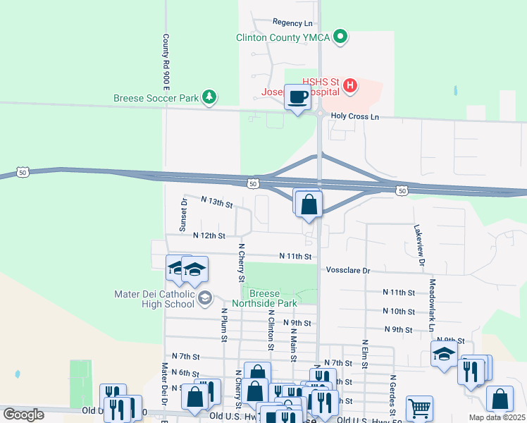 map of restaurants, bars, coffee shops, grocery stores, and more near 411 North 13th Street in Breese