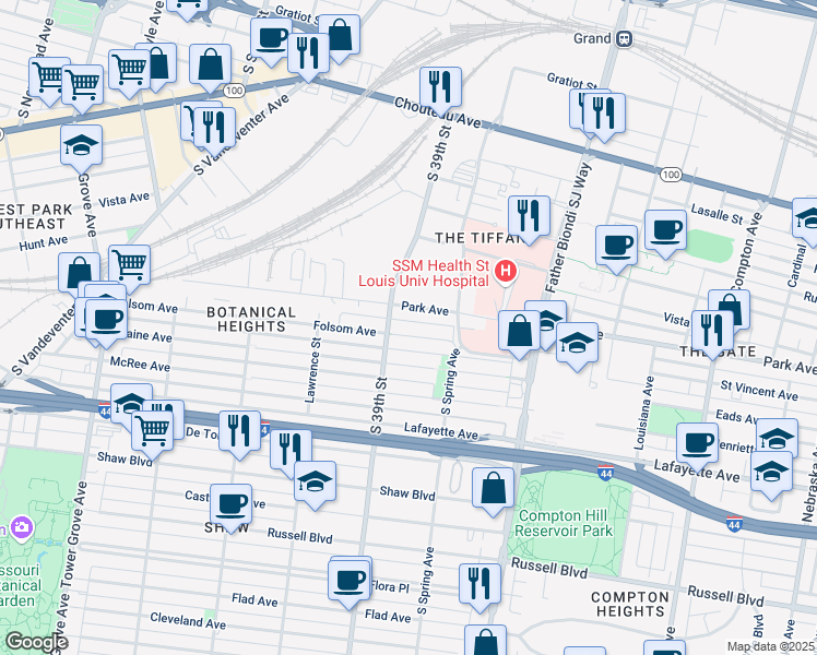 map of restaurants, bars, coffee shops, grocery stores, and more near 3827 Folsom Avenue in St. Louis