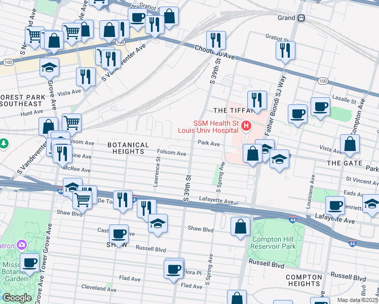 map of restaurants, bars, coffee shops, grocery stores, and more near 3869 Folsom Avenue in St. Louis