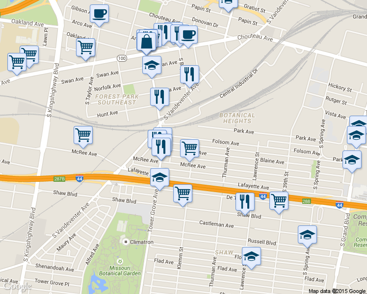 map of restaurants, bars, coffee shops, grocery stores, and more near 4211 Blaine Avenue in St. Louis