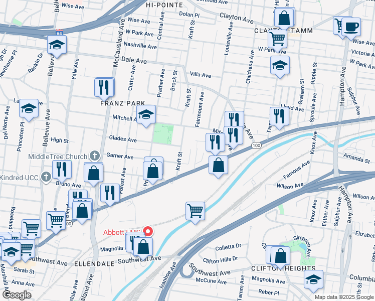map of restaurants, bars, coffee shops, grocery stores, and more near 1936 Kraft Street in St. Louis