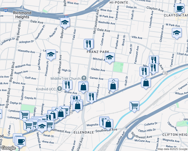 map of restaurants, bars, coffee shops, grocery stores, and more near 6931 Garner Avenue in St. Louis