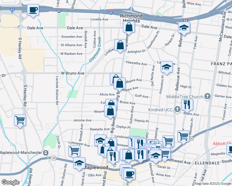 map of restaurants, bars, coffee shops, grocery stores, and more near 2214 South Big Bend Boulevard in Richmond Heights