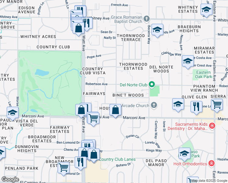 map of restaurants, bars, coffee shops, grocery stores, and more near 3037 Montclaire Street in Sacramento