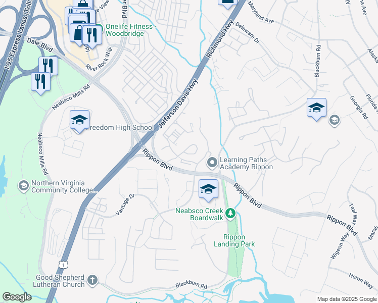 map of restaurants, bars, coffee shops, grocery stores, and more near 15393 Gunsmith Terrace in Woodbridge