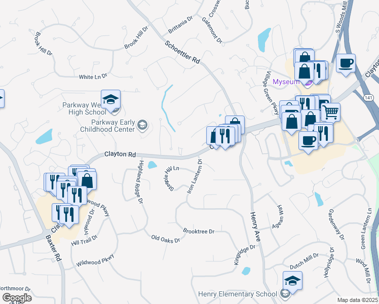 map of restaurants, bars, coffee shops, grocery stores, and more near 14491 Clayton Road in Ballwin