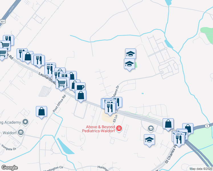 map of restaurants, bars, coffee shops, grocery stores, and more near 3344 Ryon Court in Waldorf