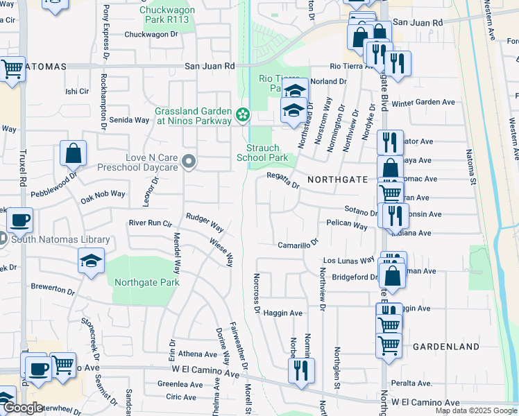 map of restaurants, bars, coffee shops, grocery stores, and more near 980 Rinaldo Way in Sacramento