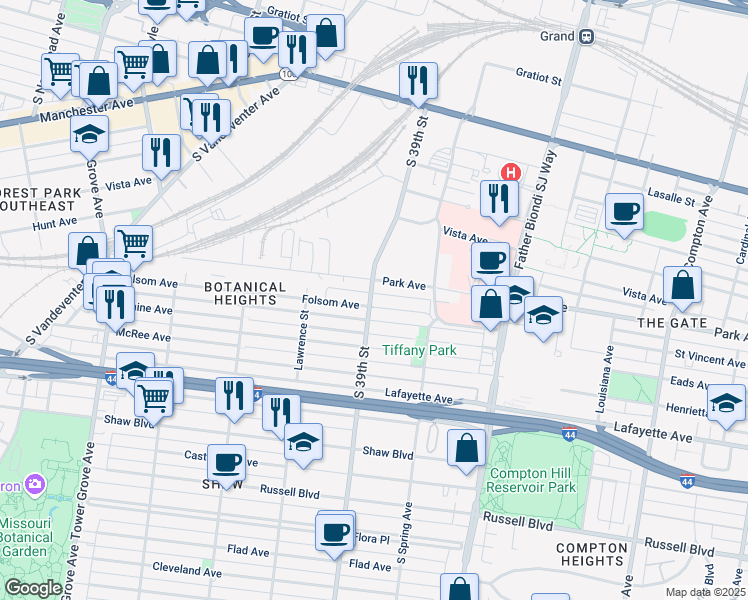 map of restaurants, bars, coffee shops, grocery stores, and more near 3869 Folsom Avenue in St. Louis