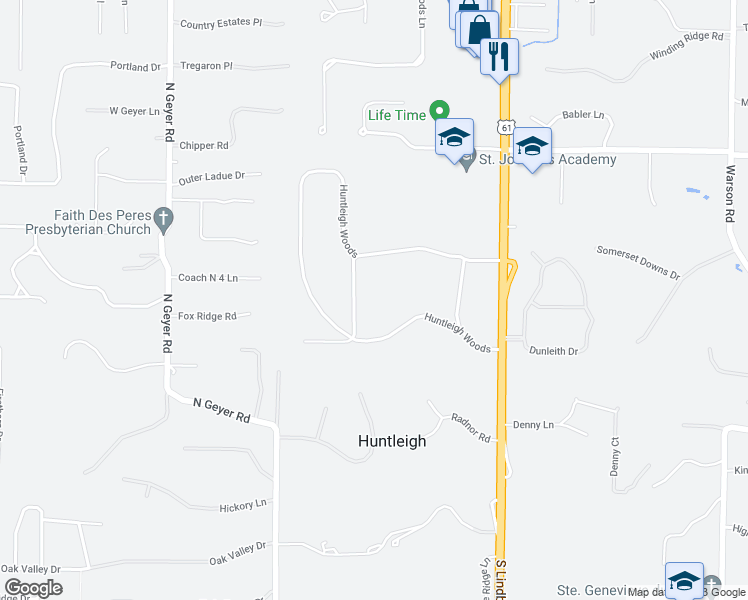 map of restaurants, bars, coffee shops, grocery stores, and more near 34 Huntleigh Woods in St. Louis