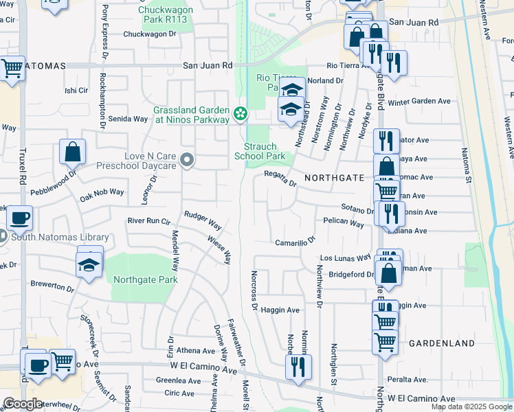 map of restaurants, bars, coffee shops, grocery stores, and more near 980 Rinaldo Way in Sacramento