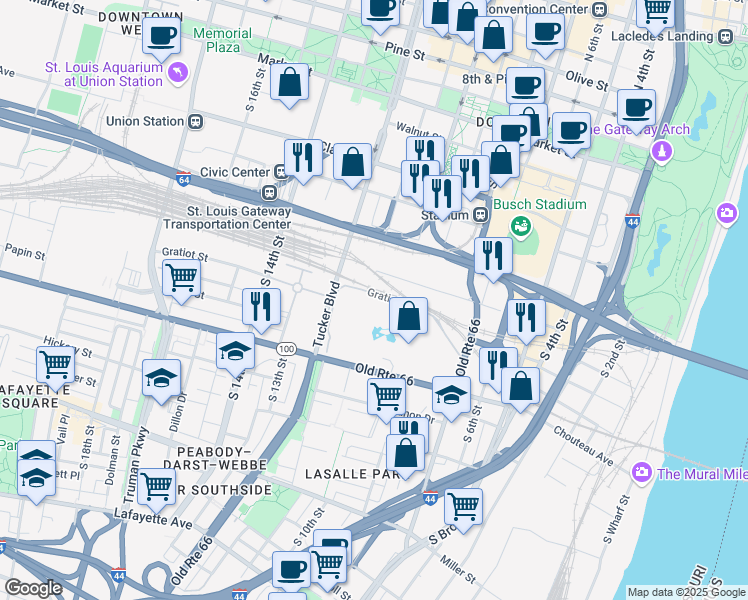 map of restaurants, bars, coffee shops, grocery stores, and more near 1017 Danforth Drive in St. Louis
