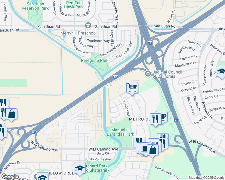 map of restaurants, bars, coffee shops, grocery stores, and more near 2890 Gateway Oaks Drive in Sacramento