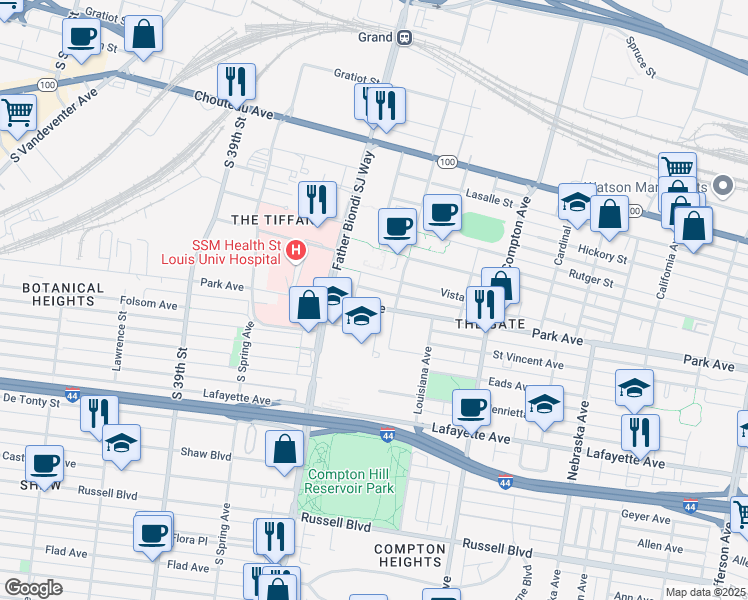 map of restaurants, bars, coffee shops, grocery stores, and more near 3505 Park Avenue in St. Louis