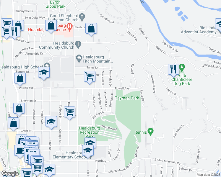 map of restaurants, bars, coffee shops, grocery stores, and more near Powell Ave & Sunnyside Dr in Healdsburg