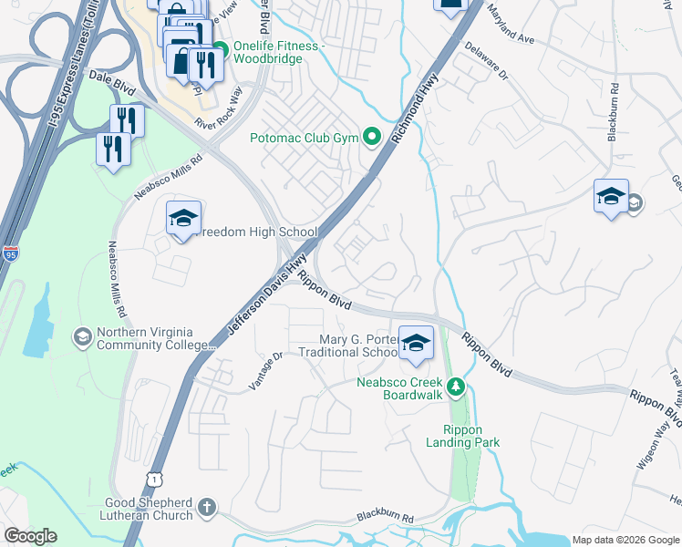 map of restaurants, bars, coffee shops, grocery stores, and more near 15245 Coachman Terrace in Woodbridge