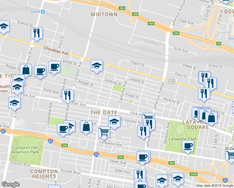 map of restaurants, bars, coffee shops, grocery stores, and more near 2814 Rutger Street in St. Louis