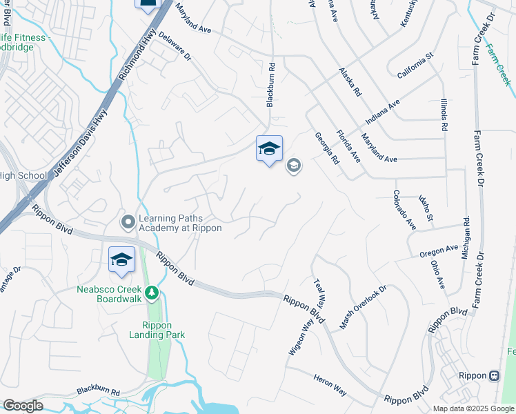 map of restaurants, bars, coffee shops, grocery stores, and more near 15285 Grist Mill Terrace in Woodbridge