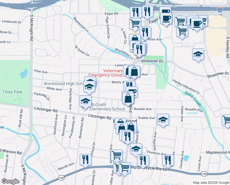 map of restaurants, bars, coffee shops, grocery stores, and more near 8914 Bridgeport Avenue in Brentwood